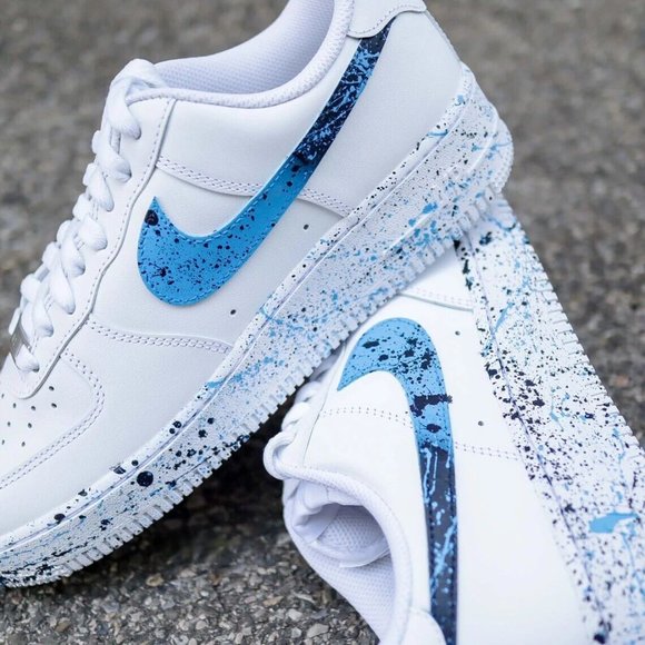 ? Nike Air Force 1 Custom Light & Dark Blue Splatter ? Swoosh White Shoes Mens main image 10